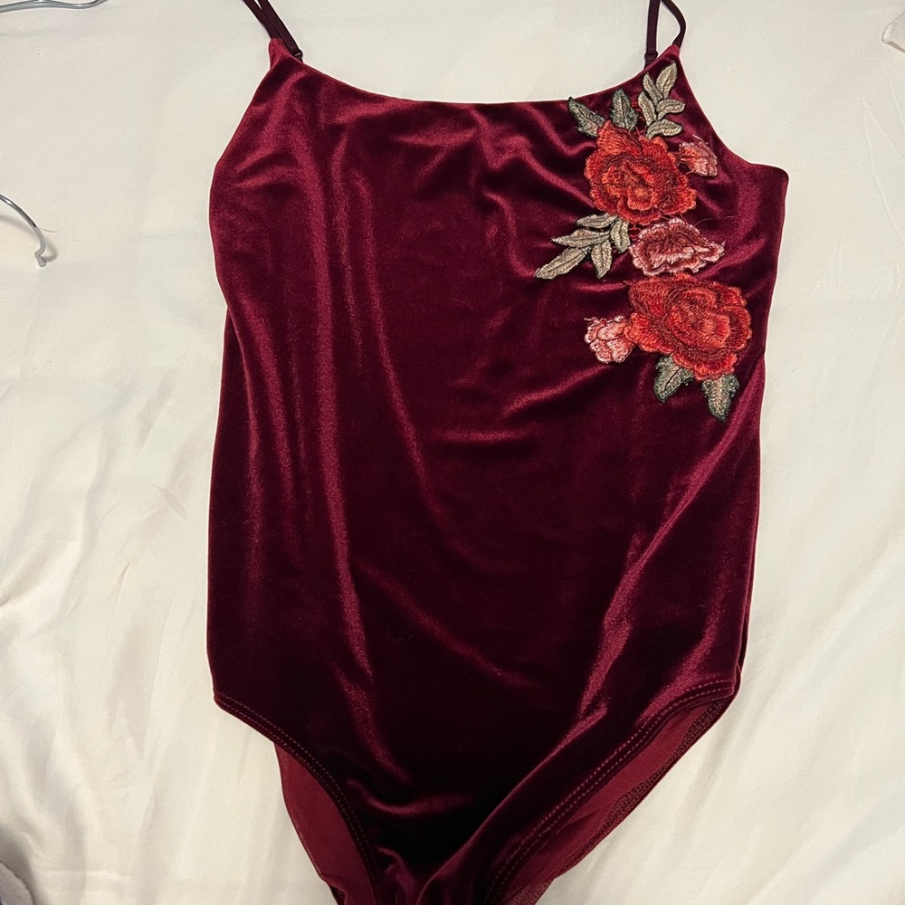 Urban Outfitters Maroon Bodysuit with Rose Embroidery